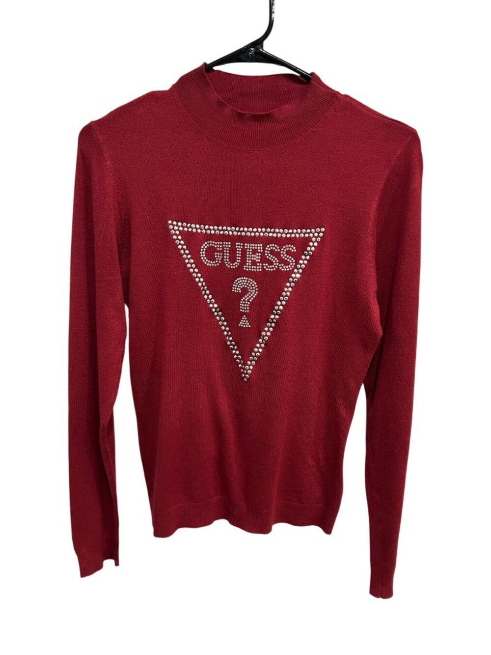 Guess Red Rhinestone Triangle Logo Mock Neck Long Sleeve Sweater Size L Y2K Glam